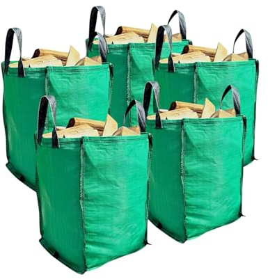 Garden Waste Bags with Handles (Pack of 5) 120 Litres Heavy Duty with Bottom Tip Handle - Reusable Garden Green Woven PP Sacks - Industrial Fabric Bag for Plant Waste Grass Leaves (5)