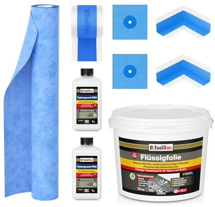 Isolbau Dicht-Set - Inkl. 1x Flüssigfolie (12 kg), 2x Tiefengrund PRO (1 L), 1x Dichtband (10 m), 1x Dichtbahn (2 m), 2x Innenecken & 2x Manschetten