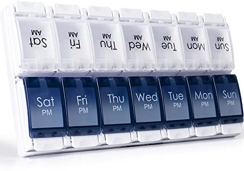 CSTDE Weekly Pill Box Organiser, Large Pill Organiser 2 Times a Day, Blue | Travel Tablet Medication Box with Push Button Design for Vitamin, Fish Oil, Supplements