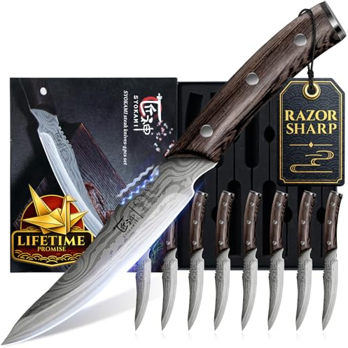 SYOKAMI 8-tlg. Steakmesser-Set, Karbon-Edelstahl, Damast-Optik, japan. Stil | 12,2cm glatte Klinge, Holzgriff, Full-Tang, haarscharf, langlebig, rostfrei, für Tafel & Alltag
