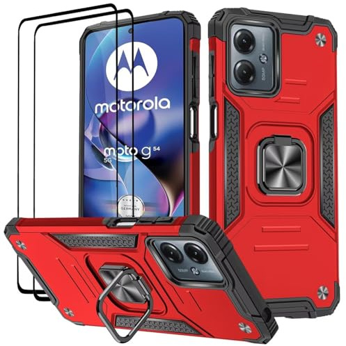 KANSi Funda para Motorola Moto G54, Cristal Vidrio Templado [2 Piezas] Capa Anillo iman Soporte Hard PC y Silicona TPU Antigolpes Armor Carcasa - Rojo