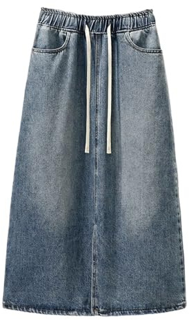 RWGSNB Faldas de Mezclilla para Mujer, Falda Vaquera Midi para Mujer Cintura Elástica Azul Faldas Vaqueras para Mujer con Cordón Faldas de Verano Ligeras para Mujer Ropa de Calle Suave y Cómoda D