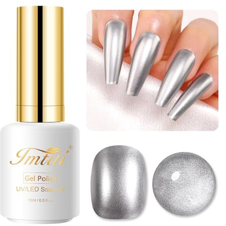 Imtiti Metal Silver Gel Polish, 15ml Flaschen Silver Metallic Nail Art 3D Mirror Chrome Effect Gel Nagellack Glossy Soak Off UV/LED Gel für DIY Nail Art Maniküre 1Pcs