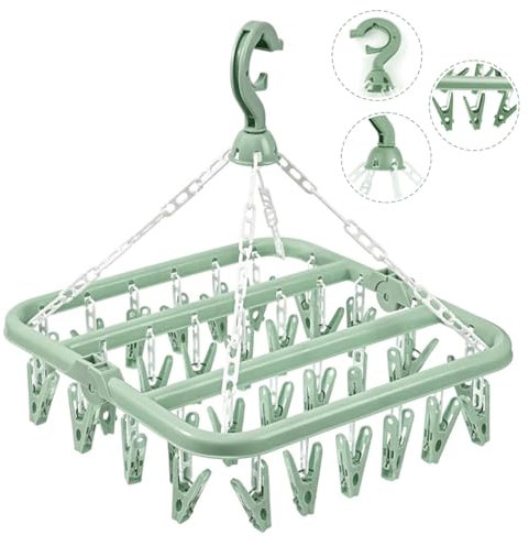 Appendiabiti Per Calzini, Stendibiancheria Pieghevole con 32 Clip, Stendino Girevole da Appendere, Stendino Antivento, Stendi Biancheria Per Intima, Calzini, Esterno Interno, Salvaspazio, Verde