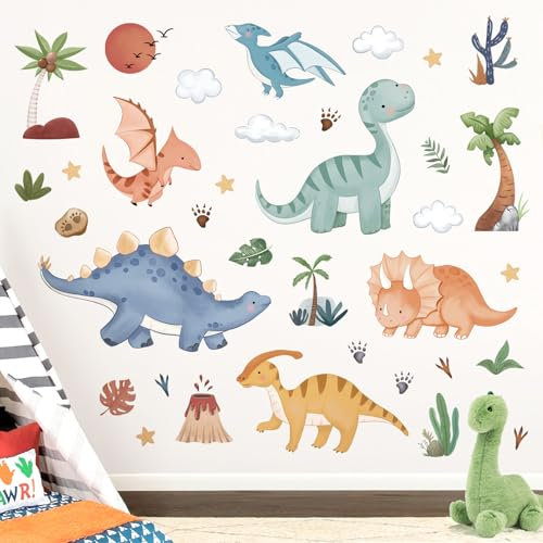 decalmile Boho Baby Dinosaurs Wall Stickers Palm Tree Volcano Dino Wall Decals Boys Bedroom Toddler Room Baby Nursery Home Decor