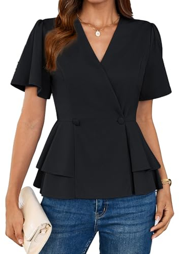 GRACE KARIN Blouses for Women UK Summer Short Sleeve V-Neck Wrap Blouses Black Elegant Business Party Tops L Black-1