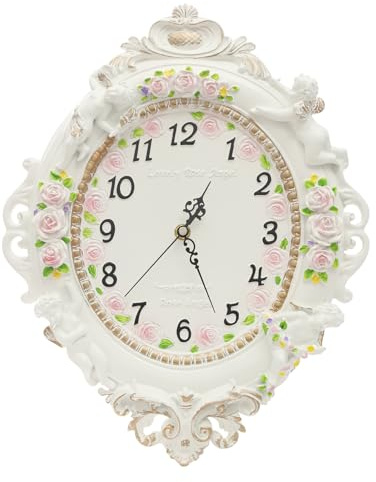 European Style Resin Wall Clock, Retro Silent Clock with Angel and Rose Relief, Decorative Mural Clock for Living Room, Bedroom, Office, Farmhouse, Kitchen & Home Decor (White, 12.8*2.8*16.3in)