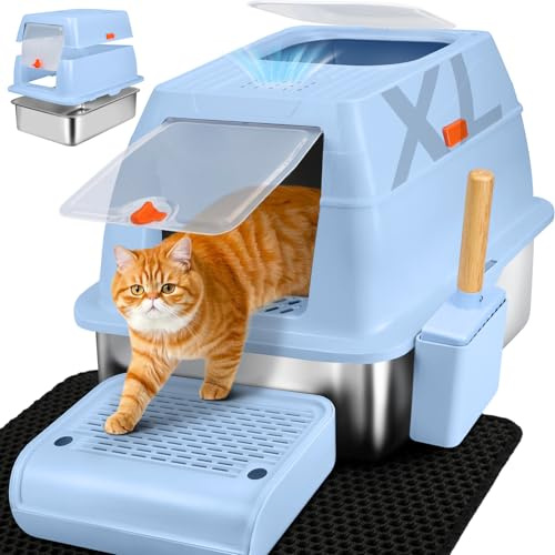 SZEETECH Katzenklo Edelstahl XL, Groß Edelstahl Katzentoilette mit Deckel, Stainless Steel Cat Litter Box, Geschlossen Katzen Klo, Zwei Ausgänge, Schaufel+Matte+Trettstufe- 60x 40x 39,5cm(Blau)