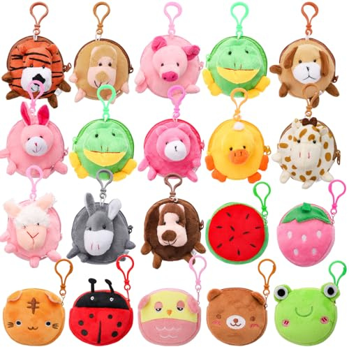 HNYYZL Mini Animals and Mini Fruit Stuffed Coin Bag, Kawaii Keychain Wallet Cartoon Animals Coin Purse for Kids Birthday Party Favors