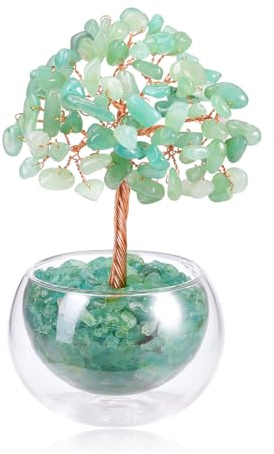 Jovivi 12-13cm DIY Arbre de Vie Pierre Naturelle sur Bol en Verre Arbre de Vie Pierre de Guérison Fengshui Tree Porte Bonheur Décoration de Bureau Maison et Domicile (Aventurine Vert)