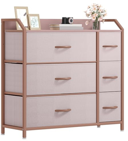 DWVO Kommode mit 6 Schubladen, langlebiger Stoff, Robustes Metallgestell, modern und funktional, ideal für Schlafzimmer, Wohnzimmer, Flur, Kinderzimmer, Rosa