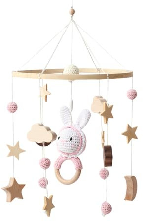 Holz Mobile Baby Windspiel, Baby Mobile für Bett, Mobile babybett mit gehäkelten Kaninchen, Monden und Wolken hängenden Dekorationen, Geschenk für Baby Mädchen oder Jungen (Rosa)