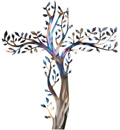 SUNFECILI Art Mural Cross en Métal, Arbre de Vie en Métal, Feuille D'olive Couleur Brillante Pendaison Murale Classique, Salon de Chevet Décoration Extérieure, Suspension de Croix de Croix