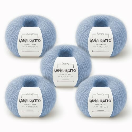 5 Knäuel, 125 gr. Silk Mohair Lana Gatto Luxusgarne, Premium- und weiche Mischung zum Stricken und Häkeln, Made in Italy, (Hellblau - 7264, 5)
