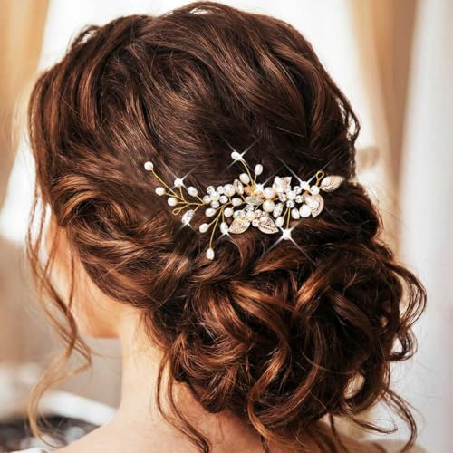 Atigy Perlen Braut Haarranke Blatt gold Haarteil Kristall Hochzeit Haarschmuck für Frauenn (Gold, Einheitsgröße)