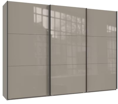 luma-Home 22037/ Schwebetürenschrank 3-türig, Glasfront in Sand Grau | B300/H216/T65 cm,Kleiderschrank inkl.Selbsteinzug,Griffleisten schwarz,Einlegeböden, Kleiderstangen,Schubladen,Wäscheeinteil.
