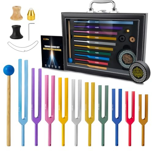 Hugbow Ungewichtete Stimmgabel für Heilung, mehrfarbige Chakra-Stimmgabeln, Aluminiumlegierung, Solfeggio-Stimmgabeln mit Aktivator und Füßen (174–963 Hz) für Klangheilung, 10 Stück