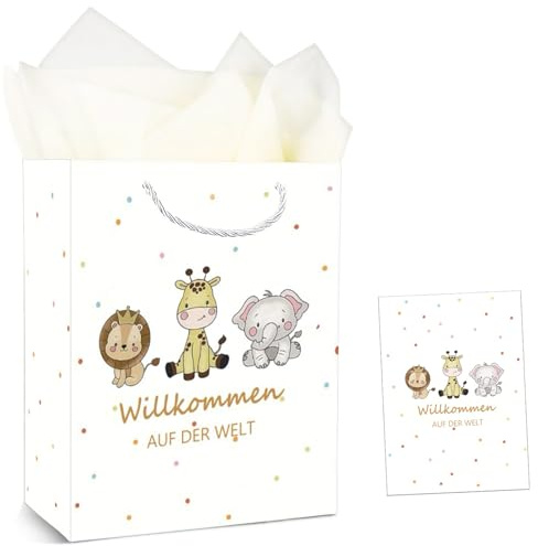 Xinifin Geschenktüten Geschenke zur Geburt Geschenktasche mit Henkel Seidenpapier & Karten, Willkommen auf der Welt, Junge Mädchen Geschenk zur Geburt Babyparty Baby Shower
