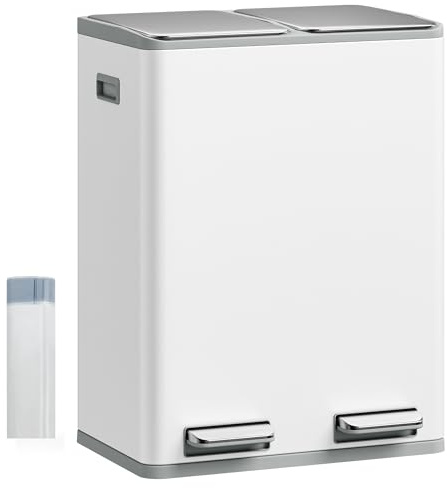 Hzuaneri Papelera Cocina Reciclaje, Doble Compartimento con Pedal Cubos de Basura 60L (2 x 30 L), Sistema de Separación de Residuos, 15 Bolsas Exclusivas, Blanco SW06099W