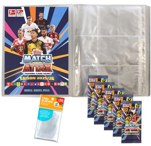 Bundle mit Topps Match Attax Bundesliga 2025/26-1 Leere Sammelmappe + 5 Booster + Exklusive Collect-it Hüllen
