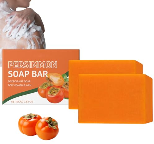 Kaki tvål, 2 stycken naturlig presimmon tvål, Kaki tvål avlägsnar kroppslukt för ansikte och kropp, återfuktande ljusande bad tvål djup rengöring för män & kvinnor, peeling och utjämning