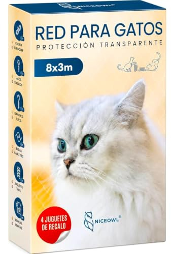 NICEOWL® Red para Gatos Terraza I 8x3m I NO PAGUES MÁS por LO Mismo I Juguetes Gratis I Resistente a la Intemperie I Invisible I Stop Caídas y Accidentes en Terraza, Balcon y Ventanas