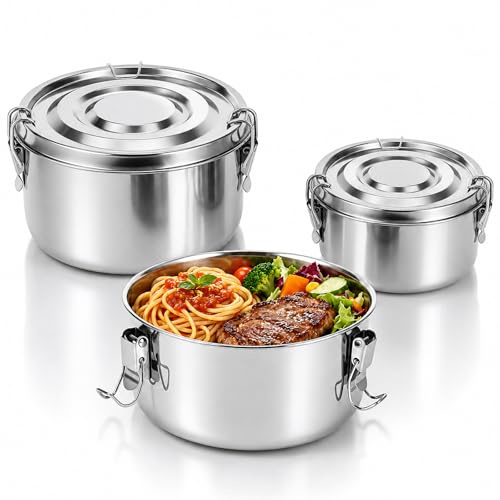 Zevrang Recipiente de acero inoxidable, 3 unidades, fiambrera de acero inoxidable con tapa, fiambrera para adultos, fiambrera infantil, fiambrera para frutas, cereales, sopas, sopa, ensaladas, camping