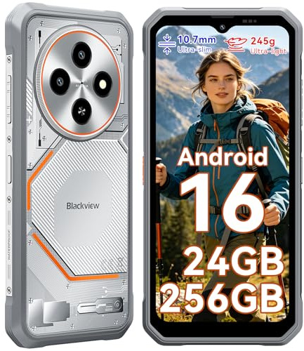 Blackview Móvil Rugerizado Android 16, 245g&10.7mm Ultra Slim Moviles Resistentes, 24GB+256GB/2TB Movil Irrompible, 6.56 Display, Gemini AI, 16MP AI Caméra, IP69K/NFC/GPS/3 Anni Garanzia