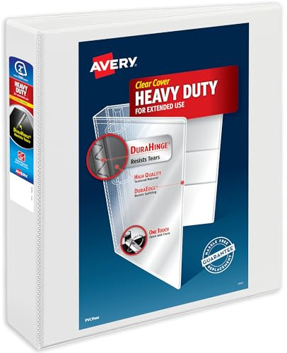Avery Heavy-Duty View 3 Ring Binder, 2 Inch One Touch Slant Rings, 530-Sheet Capacity, DuraHinge, 2.8 Inch Wide Spine, Customizable Clear Cover and Spine, 1 White Binder (79792)