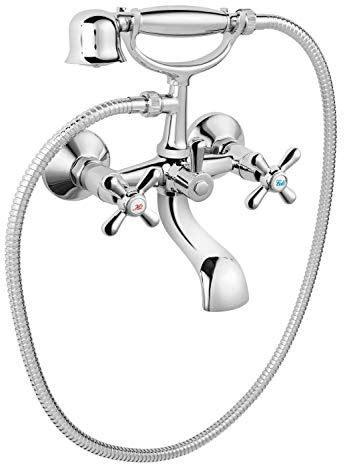 Badewannenarmatur Nostalgie, Zweigriff Wandarmatur für die Badewanne, mit Handbrause, Brauseschlauch, Retro Design