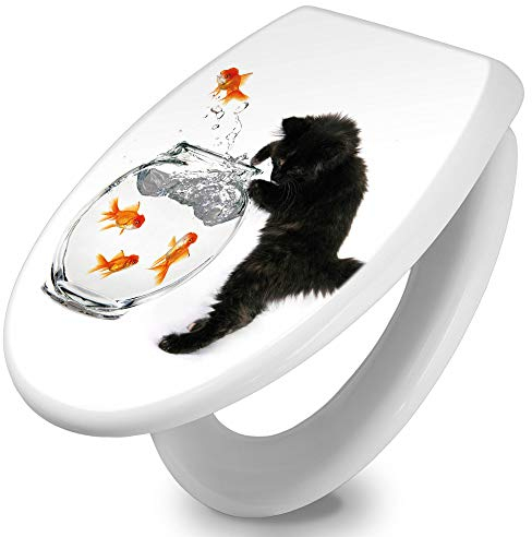 banjado Toilettendeckel mit Absenkautomatik 44,5x37cm / WC Brille Soft Close/hygienischer Toilettendeckel/Klodeckel Duroplast Edelstahl Scharniere einfache Montage/Motiv Katze Und Fisch