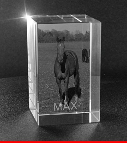 VIP-LASER 2D Gravur Glas Kristall Quader im Hochformat L mit dem Foto von Deinem Pferd. Dein Wunschfoto für die Ewigkeit Mitten in Glas! Groesse L = 60x40x40mm