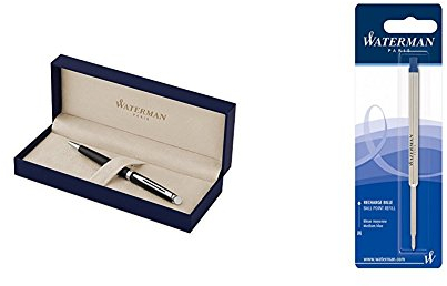 Waterman S0920870 Hémisphère Essential-Kollektion Kugelschreiber (Chromverzierung) mattschwarz + Waterman S0944490 Kugelschreibermine (M) Tinte in blau