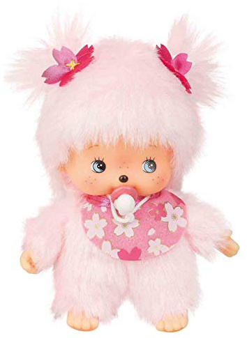 Sekiguchi 242443 – Original Bebichhichi flicka körsbärsblomma, mjuk leksak med haklapp och flätor med blommor, ca 15 cm stort gosedjur av rosa plysch