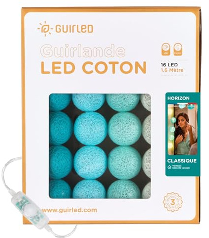 GuirLED - LED Baumwollkugeln Lichterkette USB - Baby Nachtlicht 2h - Dual USB 2A Netzteil enthalten - 3 Intensitäten - 16 Kugeln 1.6m - Horizon