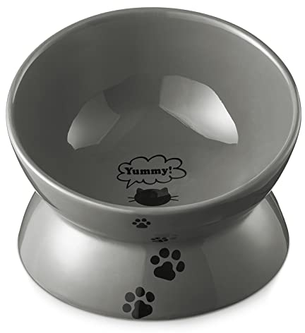 Y YHY Raised Cat Food Bowl, Ceramic Elevated Bowl, Protects Cat's Spine, Anti Vomiting, Backflow Prevention, Grey