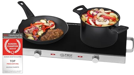 TZS First Austria - Placa de cocción doble infrarrojos vitrocerámica TODOS los tipos de ollas 2800W - Mini Hornillo eléctrico para mudanza, camping y hogar - Regulación continua y luz de control