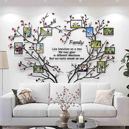 DecorSmart Marco de fotos con diseño de árbol genealógico extraíble en 3D para decoración de pared, para sala de estar con corazón rojo y cita familiar como ramas en un árbol