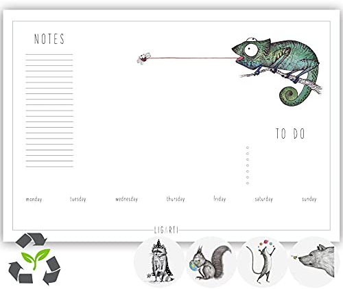 Ligarti Schreibtischunterlage Papier (100% nachhaltig) A3+ Wochenplaner Block mit To Do Liste und wechselnden Motiven - Weekly Planner undatiert, Schreibtisch Unterlage - Misch Masch