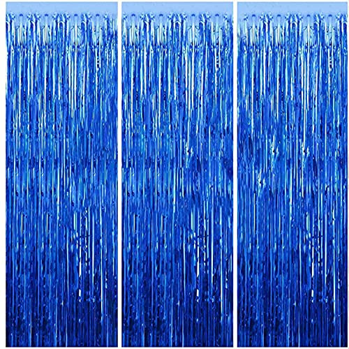 HONGCI 3pcs 3.2x6.5ft Glitter Dark Blue Tinsel Curtain Door Streamers Fringe Foil Curtain Backdrop Birthday Party Decorations for Boys Girls Baby Shower Graduation Stitch Party Decor Banner Blue