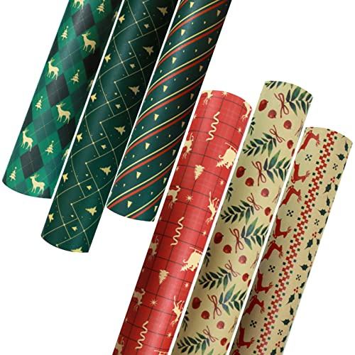 Geschenkpapier Weihnachten Set 6 Stück, Weihnachtsgeschenkpapier Rollen Set Kraftpapier, Geschenkpapier Weihnachten Kinder, Weihnachtspapier Bastelpapier Weihnachten Designpapier Weihnachten Gold (C)
