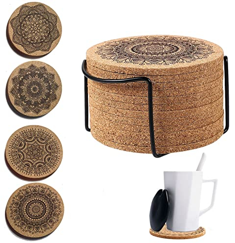 12 Sottobicchieri in Sughero Riutilizzabili,Sottobicchieri Legno Assorbenti, in Legno, Mandala, Ecologico, con Supporto, per Caffè, Casa, Bar, Cucina, Ristorante
