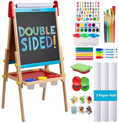 Blue Squid Art Easel for Kids with Paper Roll x 3, Includes 100+ Accessories, Double Sided Adjustable Wooden Painting Easel with Magnetic Chalk Board, White Board for Toddlers Ages 3,4,5,6,7,8,9,10,12