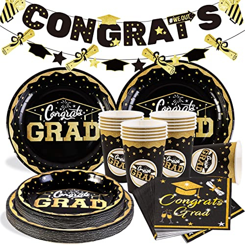 SUNBEAUTY 66 Stück Abschluss Dekoration Partygeschirr 2026 Schwarzes Gold Abschlussdeko Einschließlich Congrats Grad Banner, Pappteller, Pappbecher, Servietten