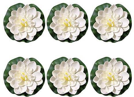JIHUOO 6 Pcs Large Floating Artificial Lotus with Water Lily and Faux Lily Pads for Fish Pond - White