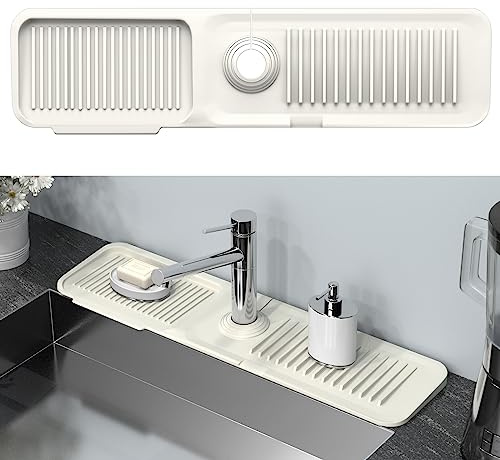 Kitchen Sink Splash Guard Behind Faucet 25.59 * 5.5 Inch, Toovem Faucet Handle Drip Catcher Tray, Longer Silicone Sink Faucet Mat, Dish Soap Sponge Holder for Bathroom, Farmhouse, Bar & Rv,Beige White