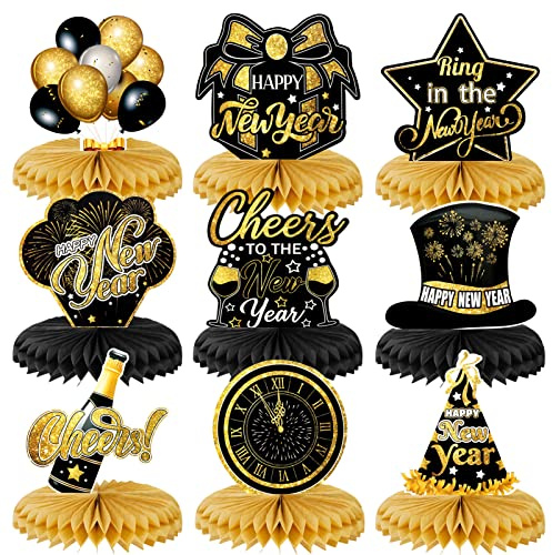 HOWAF 9 Stück Neujahr Bienenwabe Deko Silvester Deko 2026, Schwarz Gold Papier Silvester Party Honigwabe Mittelstücke Bienenwaben für Silvesterdeko Happy New Year Deko 2026 Deko Silvester Party 2026