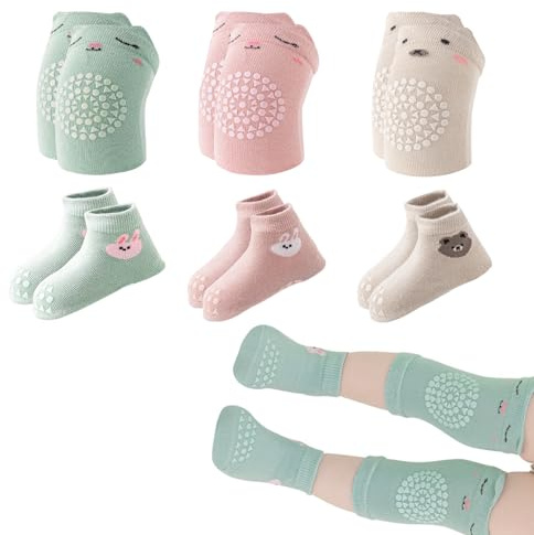 Knieschoner Baby Krabbeln, 3 Paar Krabbelschutz Baby Knie und Krabbelsocken
