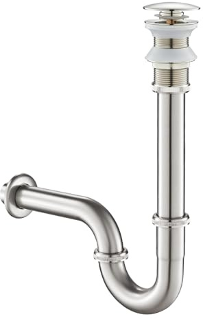 SET - Design Siphon mit Ablaufgarnitur ohne Überlauf KEOKBON Siphon 1 1/4 x 32 mm Pop Up Ventil für Waschbecken und Waschtisch, Edelstahl Röhrensiphon Geruchsverschluss Gebürstetes Nickel
