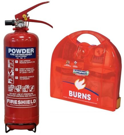 Kitchen Fire Extinguisher - 2kg Powder Fire Extinguisher Bundle (Fire Extinguisher, Burns Kit, Fire Blanket) - FireShield (Extinguisher + Burns Kit)